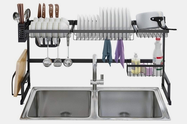 Stainless Steel Black Dish Drying Rack Over Kitchen Sink, Dishes